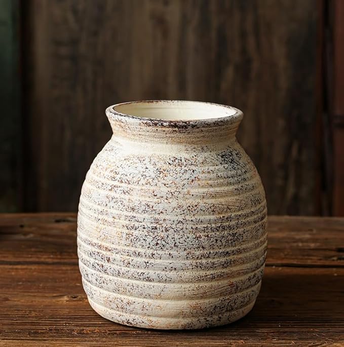 Rustic Vintage Ceramic Vases ,White Terracotta Decorative Flower Boho Vintage Wide-Mouth Vase for Living Room Bedroom Kitchen Office Decor Centerpiece Table Decorations 5.71Inch