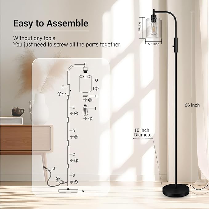 BoostArea Dimmable Floor Lamp, Standing Lamp with Seeded Glass Lampshade, 6W LED Bulb Included, Modern Floor Lamp, Industrial Floor Lamp, Bright LED Floor Lamp for Living Room and Bedroom, Office