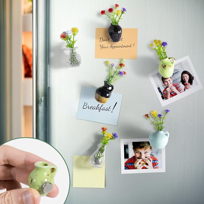 rhinocats Mini Vase Magnets for Fridge,Locker Magnets, Cute Magnetic Ceramic Vases for Refrigerator Kitchen Locker Office (6 Pack)