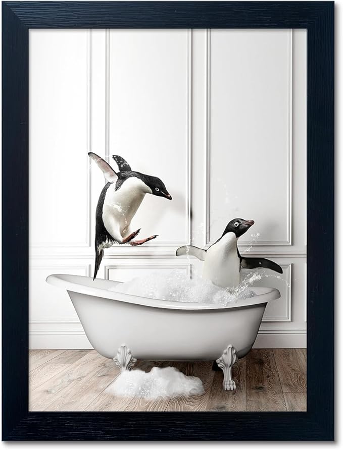 Kids Bathroom Wall Decor Funny Bathroom Wall Art Black and White Wall Decor Cute Penguins in Bathtub Canvas Print Painting Framed Farmhouse Animal Artwork