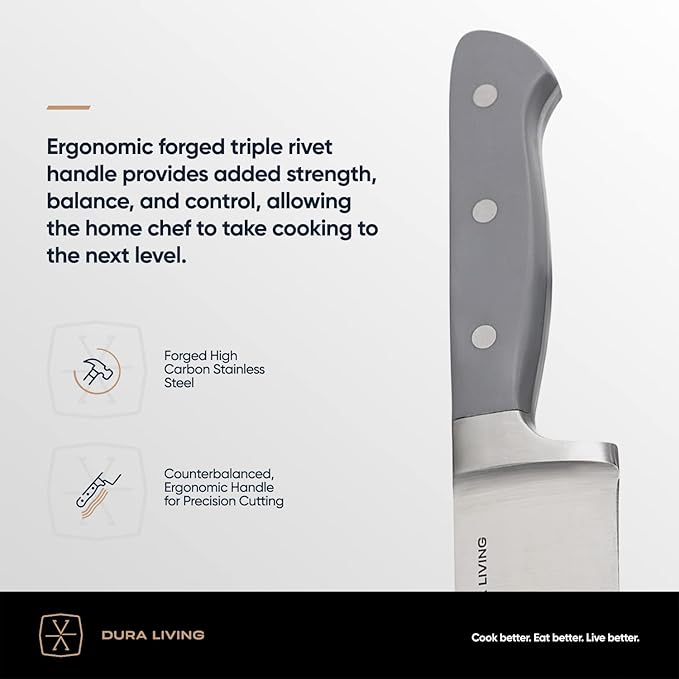 DURA LIVING 8 Inch Professional Chef Knife – High Carbon Stainless Steel, Razor-Sharp, Versatile Cooking & Cutting Kitchen Knife, Ergonomic Handle, Sleek Gray Design