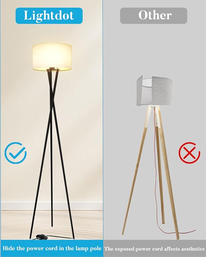 Lightdot Black Tripod Floor Lamp, Modern Floor Lamps for Living Room, Standing Lamp with Linen Shade, E26 Bulb Included, 66" Tall Floor Lamp for Bedroom, Home Office