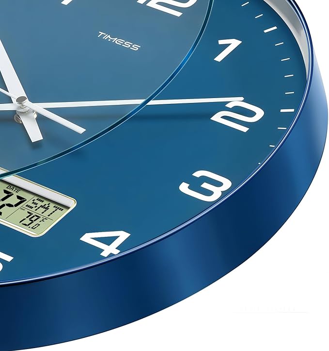 Wall Clock, 12" Dial Non-Ticking Silent Battery Operated Analog with LCD Display for Perpetual Calendar and F° Temperature, Ideal Modern Home, Bedroom, Kitchen, Office Decor (Blue)