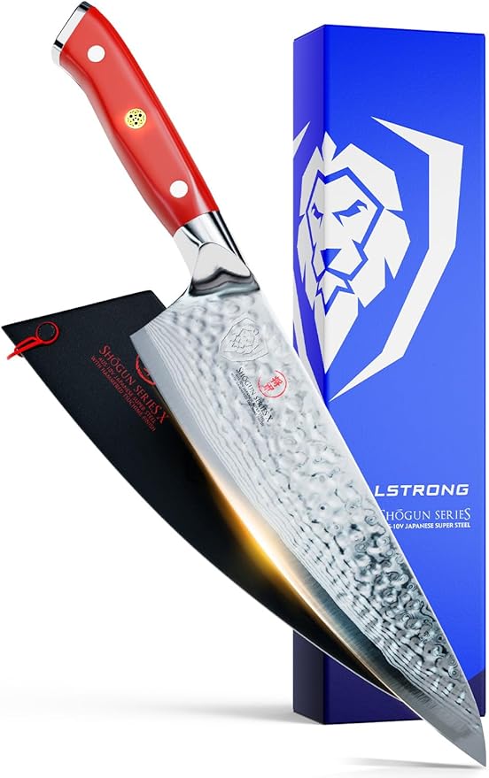 Dalstrong Chef Knife - 8 inch Blade - Shogun Series - Japanese AUS-10V Super Steel Kitchen Knife - Crimson Red Handle ABS - Damascus - Razor Sharp Knife - Professional Full Tang Knives - Sheath