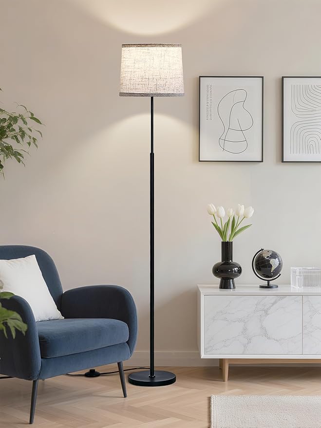 60" Modern Floor Lamp for Living Room Bedroom, Standing Lamp with Oatmeal Linen Lampshade, Tall Lamp with A19 9W 3 Color Temperature Bulb, Foot Switch Control, Black