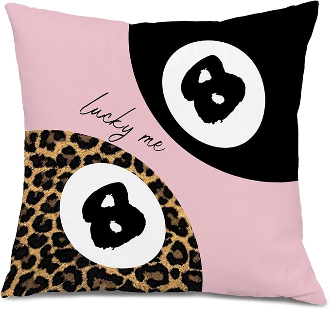 Preppy Pink Lucky 8 Ball Leopard Throw Pillow Covers 18x18, Cheetah Print Room Decor, Trendy Funky Y2K Leopard Print Motivational Decorative Pillow Covers for Girls Room Dorm Apartment