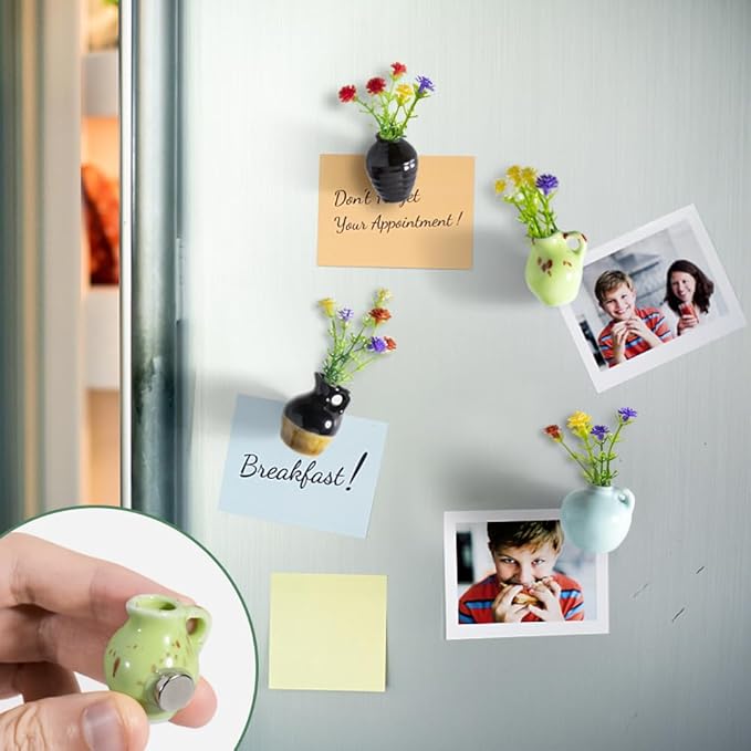 rhinocats Mini Vase Magnets for Fridge, Cute Magnetic Ceramic Vases for Refrigerator Kitchen Locker Office (4 Pack)