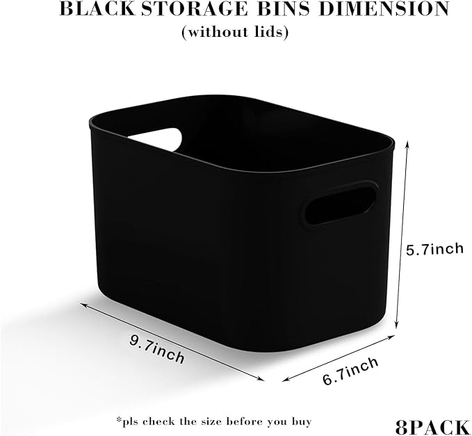 8 Pack Black Storage Bins for Shelves, Plastic Storage Containers for Organizing, Stackable Storage Boxes with Handle, Black Storage Bins for Classroom, Craft, Snacks, Cabinet, 9.7x6.7x5.7inch