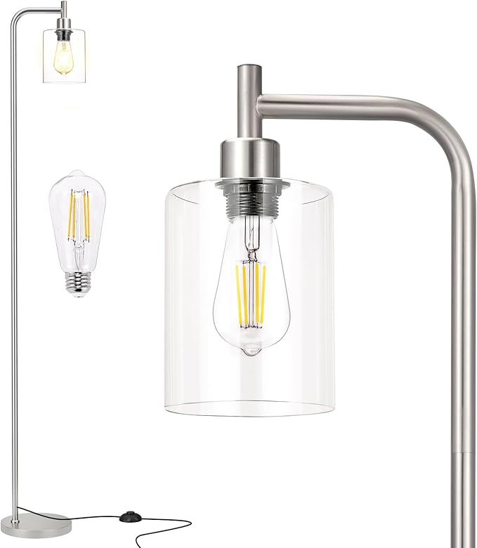 Floor Lamps for Living Room - Industrial Standing Lamp with Glass Shade, Modern Floor Lamp with LED Bulbs, Tall Lamp for Bedroom Office - Brushed Nickel