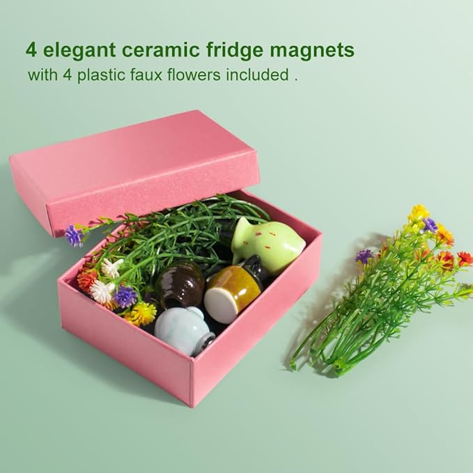 rhinocats Mini Vase Magnets for Fridge, Cute Magnetic Ceramic Vases for Refrigerator Kitchen Locker Office (4 Pack)