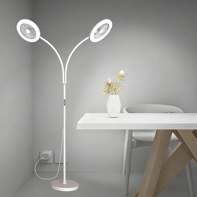 Floor Lamp with Fan Fan Light with RGB 12w/1000lm LED Floor Famp, Stepless Adjustable 3000K-6000K Color and Dimmer, Remote and Button Control, Adjustable Gooseneck Gloor Lamp (White-2)