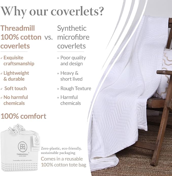 Threadmill Luxury Cotton Blankets for Queen Size Bed | All-Season 100% Cotton Queen Size Blanket | Aster Jacquard Cozy Lightweight, Soft Breathable Coverlet fits Full Size Bed, 90x92 | White