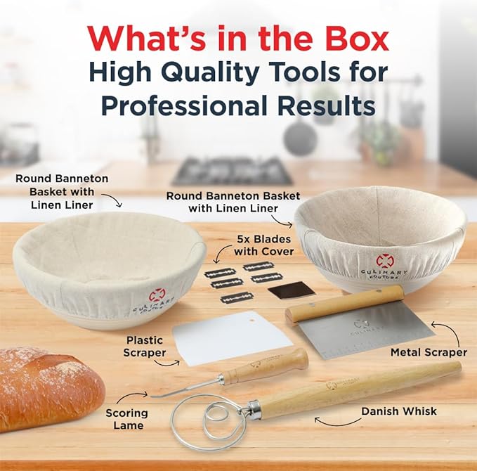 Bread Proofing Basket Set of 2 - Round 9" Sourdough Bread Baking Supplies w/Linen Liner, Scrapers, Scoring Lame, Whisk, Blades Banneton Proofing Baskets - Sourdough Starter Kit for Beginners
