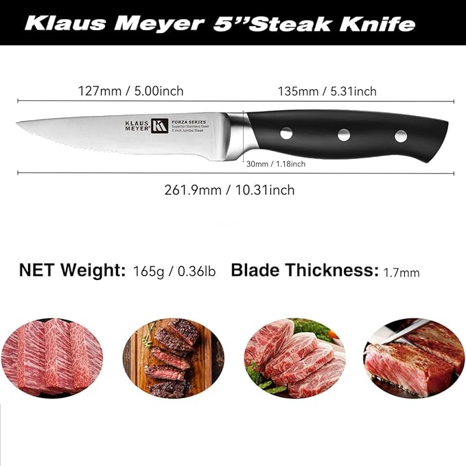 Klaus Meyer Forza High Carbon Exclusive German Steel 5 inch 6 Piece Jumbo handle Steak Knife Set