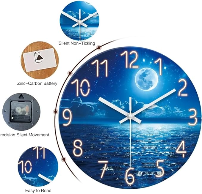XFM Large Wall Clock Battery Operated 20 Inch Moon Lake Clock for Living Room Analog Blue Wall Clock Silent Non Ticking