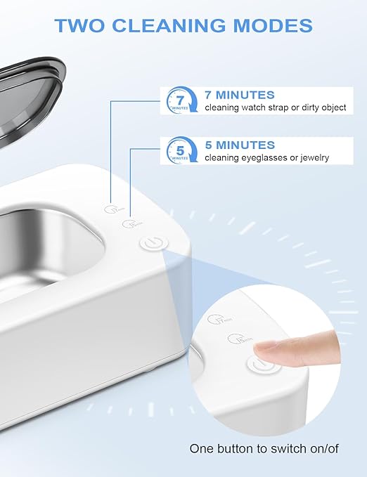 Jewelry Cleaner Machine Ultrasonic 48KHz Ultra Sonic Cleaner for Glasses, Rings, Earrings, Watch Strap, Dentures, Makeup Brush, 304 Stainless Steel 12oz Cleaning Pod with 2 Timer Modes (White1)
