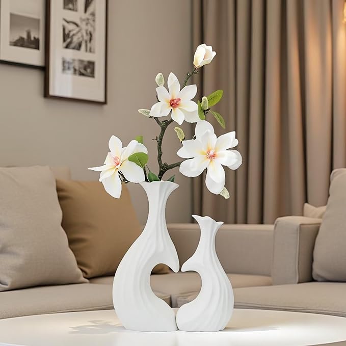 Ceramic Vases for Home Decor, Modern Heart Shaped Vase Set of 2, Matte Farmhouse Dried Fake Flowers Vase for Office, Living, Dining Room, Kitchen