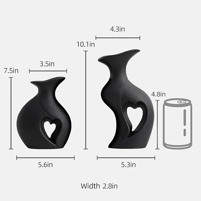 XL Black Snuggle Hollow Ceramic Vase Set of 2,Minimalist Decorative Modern Vases,Heart Shaped Flower Vase for Home Decor (XL Black W 9.7" X H 10.1")