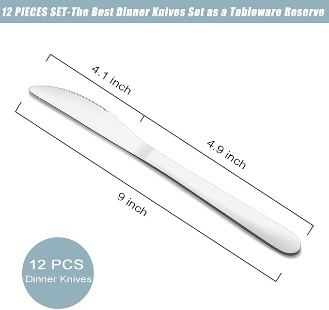 12-Piece Dinner Knives Set, Knife Set (9 Inches), Table Knife, Food Grade Stainless Steel Butter Knives, Knives Silverware for Home/Restaurant/Kitchen, Dishwasher Safe & Mirror Polished