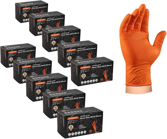 10 Mil Nitrile Disposable Gloves Heavy Duty Mechanic Gloves Raised Diamond Texture Thick (Orange of 1000, Large)