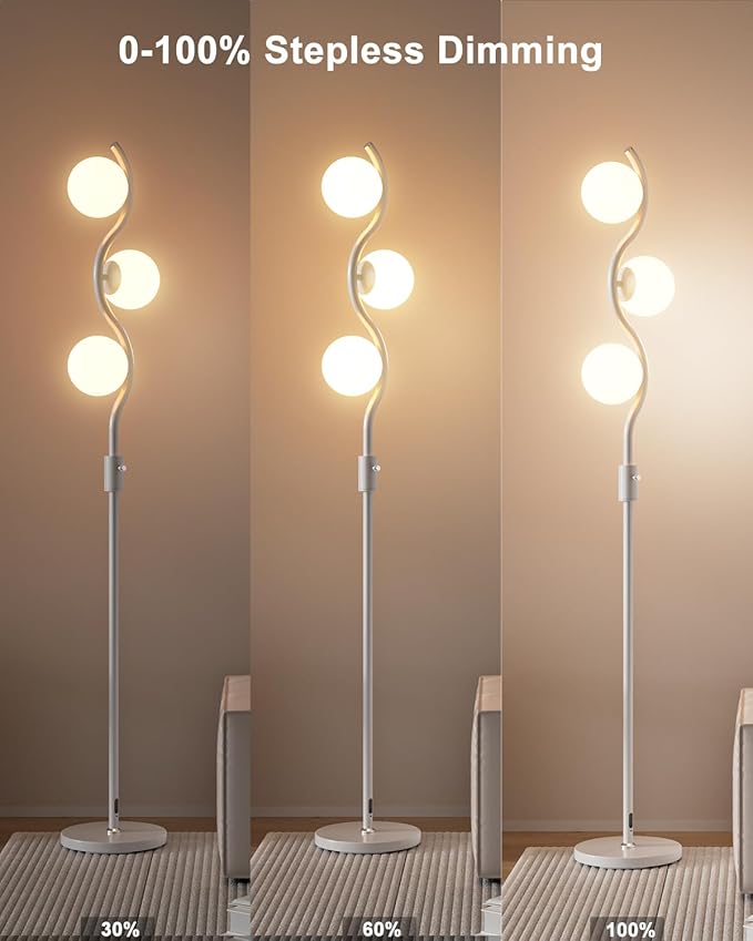 Lightdot 60IN Dimmable (Brightness Adjustable) White Floor Lamp, Mid Century Standing Lamps with 3 Globe Soft Warm White Eye Care 3000K Bulbs Included, Modern Tall Lamp for Bedroom Office