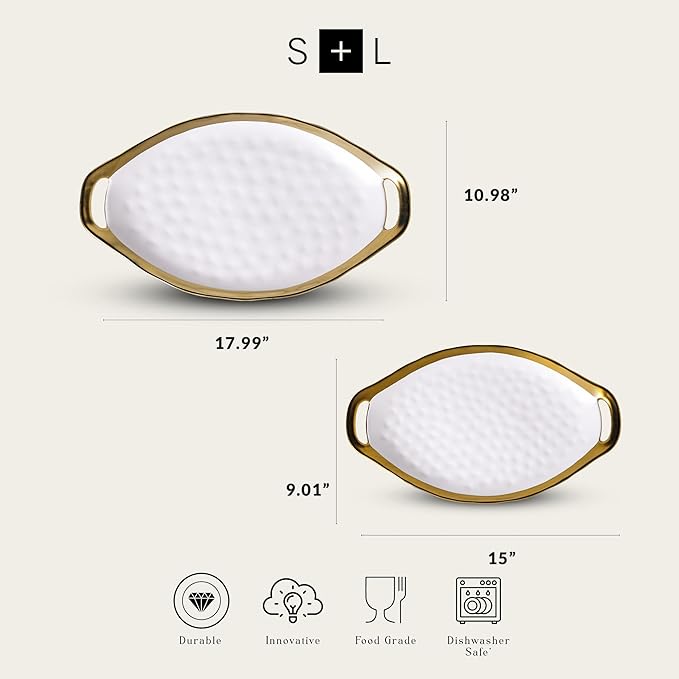 Stone Lain Florian Porcelain Large and Medium Oval Platters with Handle, Service Set, White with Gold Rim