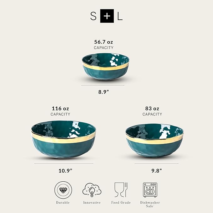 Stone Lain Florian Porcelain 3-Piece Round Bowl Service Set, Green with Gold Rim