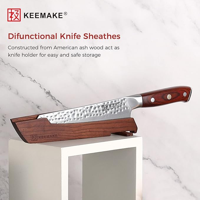 KEEMAKE Damascus Chef Knife 8 inch - Kiritsuke knife with Hammered Damascus Steel Blade Kitchen Knives, Pakkawood Handle Chopping Knife for Meat Cutting, w/Walnut Sheath