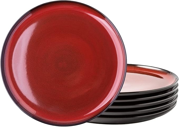 LERATIO Ceramic Plates Set of 6, 8.5 Inch Reactive Glaze Light Weight Porcelain Salad Plates,Modern Shape Dinnerware Dishes Set for Microwave& Dishwasher &Oven Safe,Scratch Resistant-Orange Red