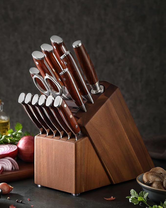 XINZUO 15pcs Kitchen Knife Set with Block, Professional Damascus Chef Knife Set-steak Knife Set of 6-Kitchen Shear&Diamond Honing Steel,Natural Rosewood Handle, Razor Sharp