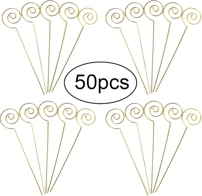 HOHIYA 50pc Floral Card Holder Pick Stick Wire Clip Place Photo Picture Centerpieces Memo Note Clamp Clay Cake Accessories Gold 5 inch