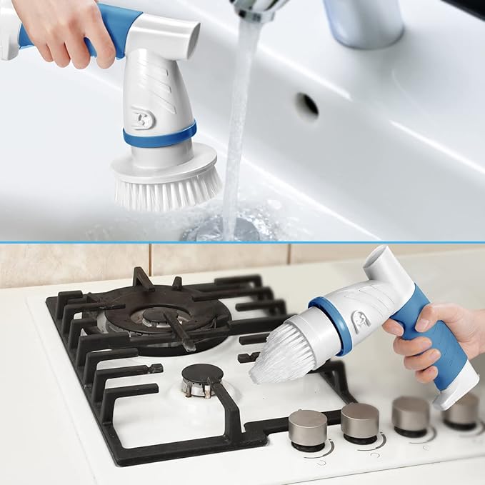 Electric Spin Scrubber, IEZFIX Electric Cleaning Brush Bathroom Shower Scrubbing Cleaner Brush Power Scrubber Cordless with 4 Replaceable Brush Heads for Bathtub, Tile, Floor, Toilet, Kitchen - Blue