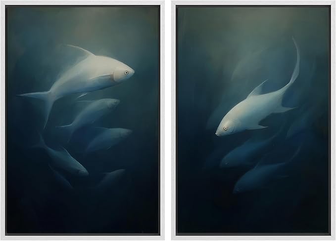 SIGNFORD Framed Canvas Print Wall Art Set Deep Sea Fish Serene Underwater Life in Dark Tones Illustration Modern Art Decorative Nordic Nature for Living Room, Bedroom, Office - 24"x36"x2 White
