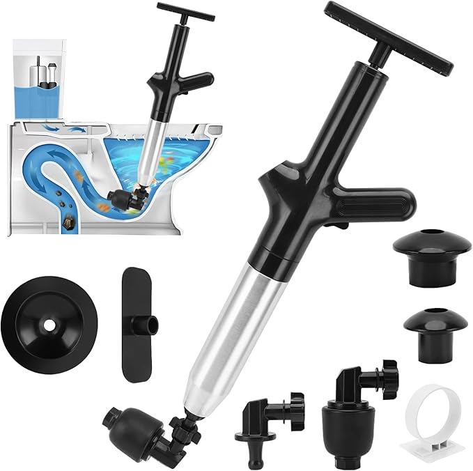 Toilet Plunger Drain Clog Remover, High Pressure Air Drain Remover Tool with Real-Time Barometer, Stainless Steel Clog Toilet Cleaner for Bathroom Kitchen Commercial Floor Sink(Black)