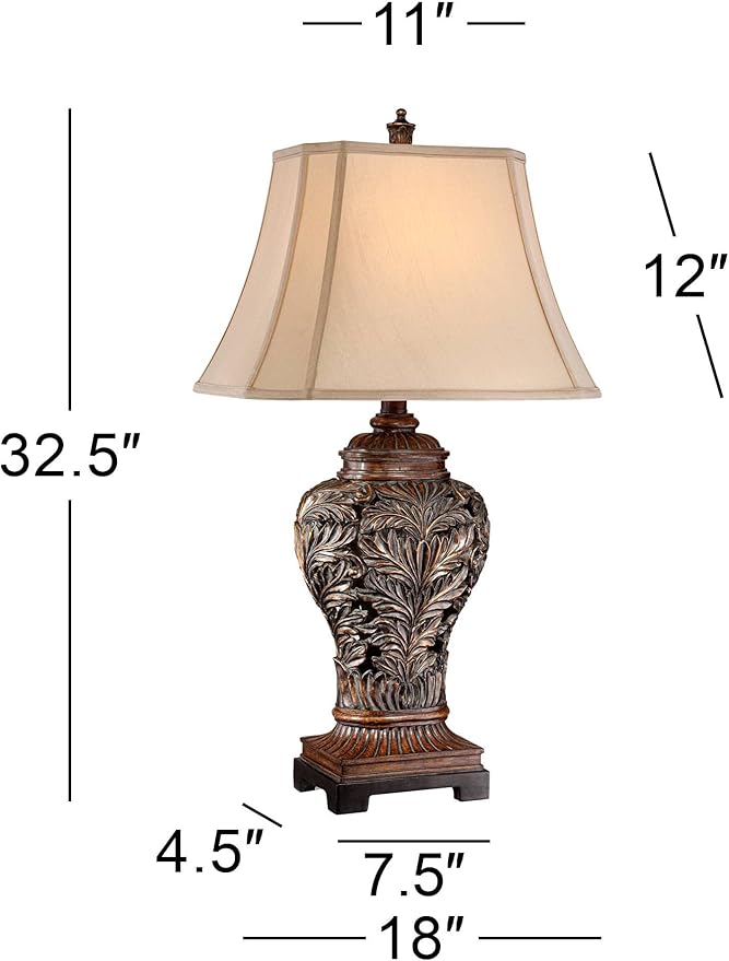 Barnes and Ivy Traditional Table Lamps 32.5" Tall Set of 2 Bronze Brown Carved Leaf Openwork Vase Tan Rectangular Shade Decor for Living Room Bedroom House Bedside Nightstand Home Office