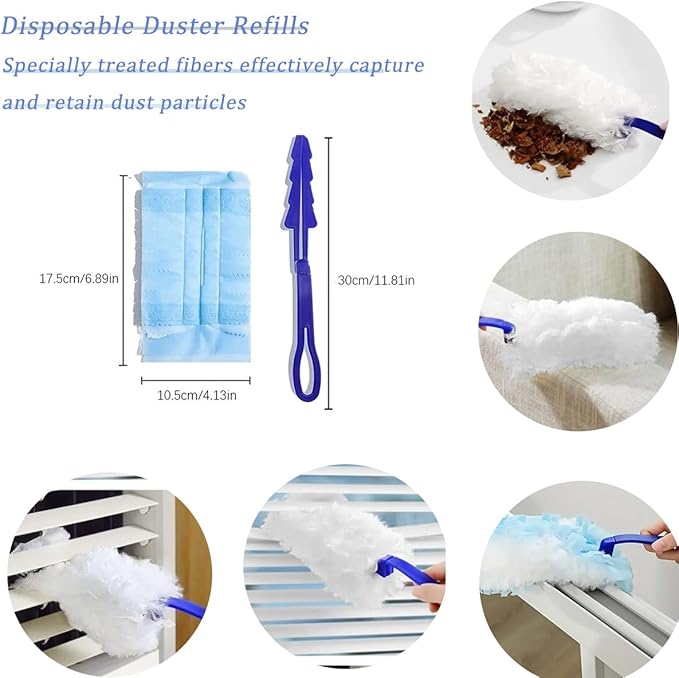 30 Pack Duster Refills Compatible with Swiffer Duster, Heavy Duty Multi Surface Duster Replacement with 1 Extra Handle for Cleaning Furniture, Blinds, Ceiling Fans and Car