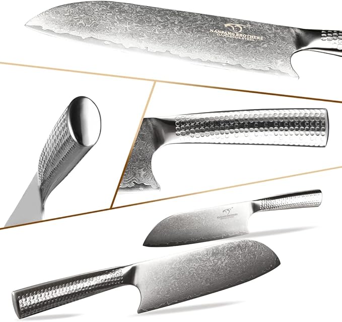 Damascus Steel Knife Set With Block - 3-Piece Kitchen Set Includes Chef, Santoku, Paring Knife - Stain & Rust Resistant