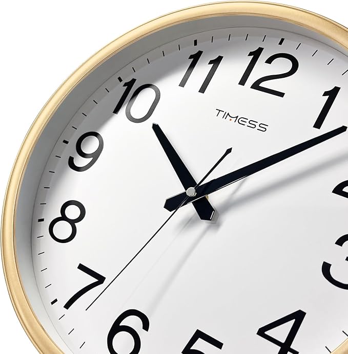 Wall Clock, 16 Inch Large Dial Non-Ticking Silent Battery Operated Quality Analog, Ultra-Quiet Movement Quartz, Timeless Stylish Clock, Ideal Modern Home, Office Décor (Gold)