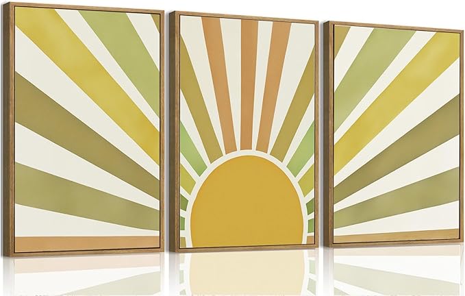 Bwodke Boho Wall Art, Framed Abstract Sunshine Wall Art, Sun Rising Neutral Canvas Wall Decor, Mid Century Geometric Pictures Set of 3, Minimalist Paintings, for Bedroom Living Room Bathroom 12"x16"