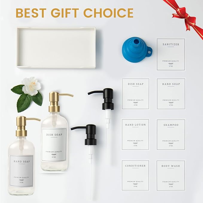 Glass Soap Dispenser for Kitchen Sink,Farmhouse Kitchen Dish Soap Dispenser&Hand Soap Dispenser Set,Rustproof Pump Soap Dispenser Bathroom with Tray,Waterproof Label for Kitchen Decor(Clear