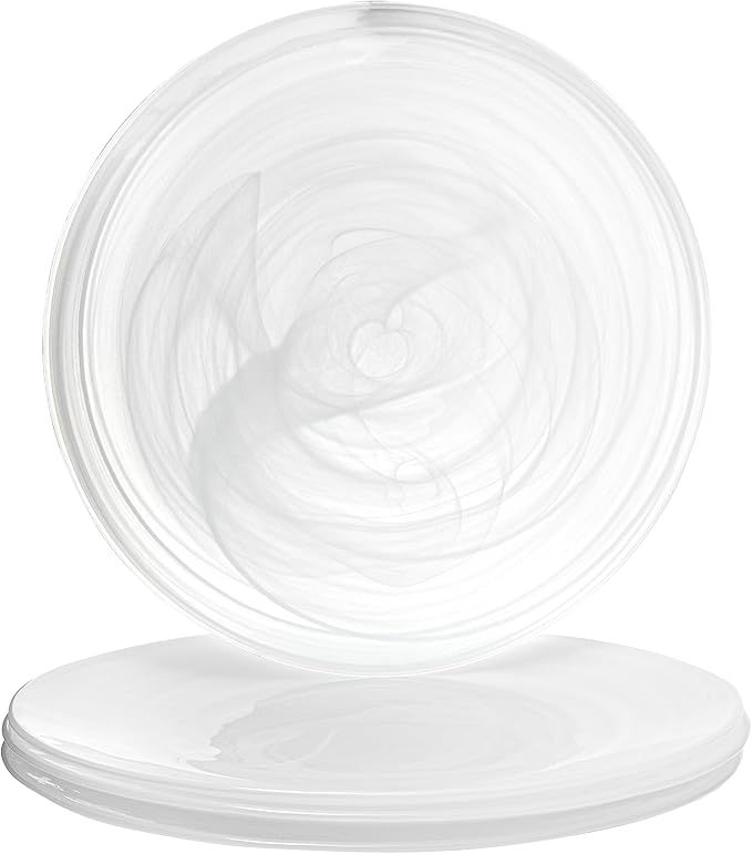 Vikko Dinner Plates, Set of 4 White Alabaster Plates, 11" Plate with Marbelized, Swirl Design, Elegant Glass Plate, Dishwasher Safe
