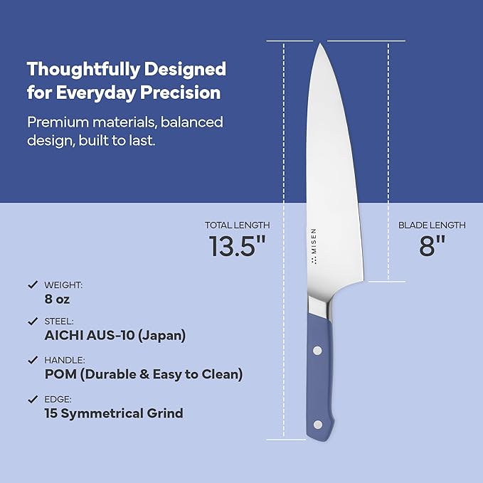 Misen 8" Chef Knife – High Carbon Japanese AUS-10 Stainless Steel – Hybrid German & Japanese Blade – Precision Kitchen Knife for Professionals & Home Cooks – Ultimate Cutting Performance - Blue