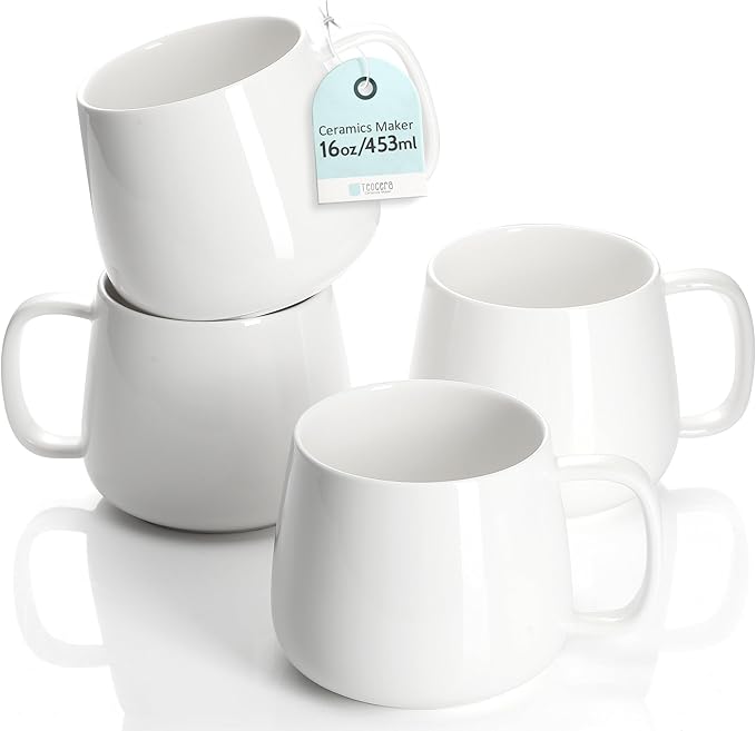 Teocera 16oz Ceramic Coffee Mugs Set of 4 – Stackable Latte Cups, Microwave, Dishwasher & Oven Safe – Ideal for Coffee, Cappuccino, Hot Chocolate, Housewarming Gifts,White