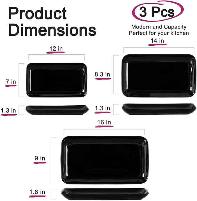 DELLING Large Serving Platter, 16/14/12inch Black Serving Tray Set- Rectangular Serving Platters for Party, Entertaining, Turkey Platter for Thanksgiving, Christmas, Microwave Dishwasher Oven Safe
