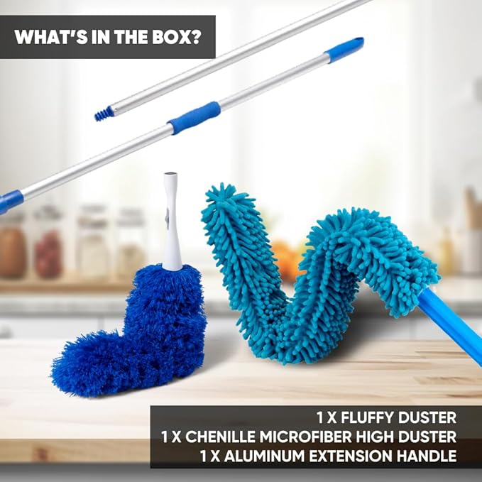 Extendable Duster - Microfiber Duster Kit: Ceiling, Fans, Baseboards, Cob Webs, Telescoping, Reusable & Washable, Feather & Chenille Dusters, 6ft. Adjustable Handle