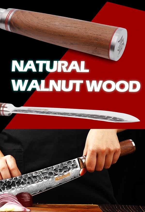 YOUSUNLONG Breaking Knives 10 inch Pro Bull Nose Butcher Knife Japanese Hammered Damascus Steel Natural Walnut Wooden Handle
