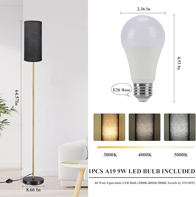 BoostArea Floor Lamps for Living Room with 9W Dimmable Led Bulb, 65in Industrial Floor Lamps, Black Classic Tall Lamp for Office, Gold Dimmable Standing Lamp for Bedroom/Kids Room