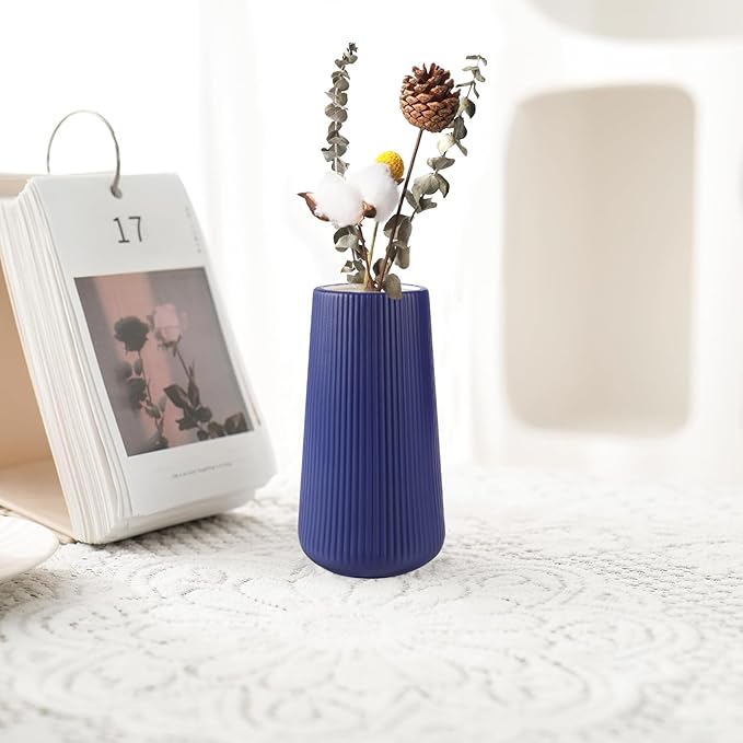 Navy Blue Ceramic Vase, GUKJOB Small Cute Flower Vase for Pampas Grass, Home, Living Room, Dining Table, Farmhouse, Office Decor, Bedroom, Table, and Kitchen Shelf (Navy Blue)