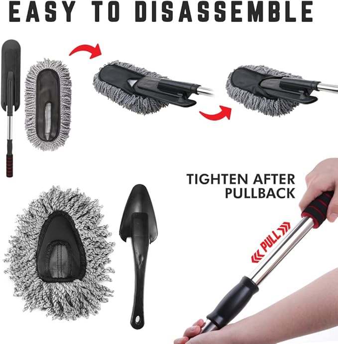 Microfiber Car Duster Cleaning and Car Dash Brush Supplies for Dashboard Exterior Dust Interior Cleaner with Long Retractable Handle to Trap Dust and Pollen for Cars Truck Bike RV Boats Motorcycle