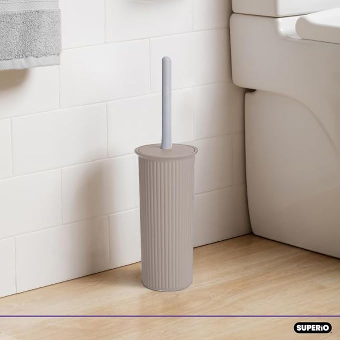 Superio Plastic Toilet Bowl Brush and Holder Set, Decorative Cleaner Scrubber for Bathroom (2, Taupe)